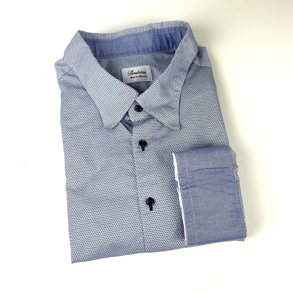 Stenstroms Dress Shirt Mens 20.5 52 Fitted Blue Geometric‎ Cotton Button Down
